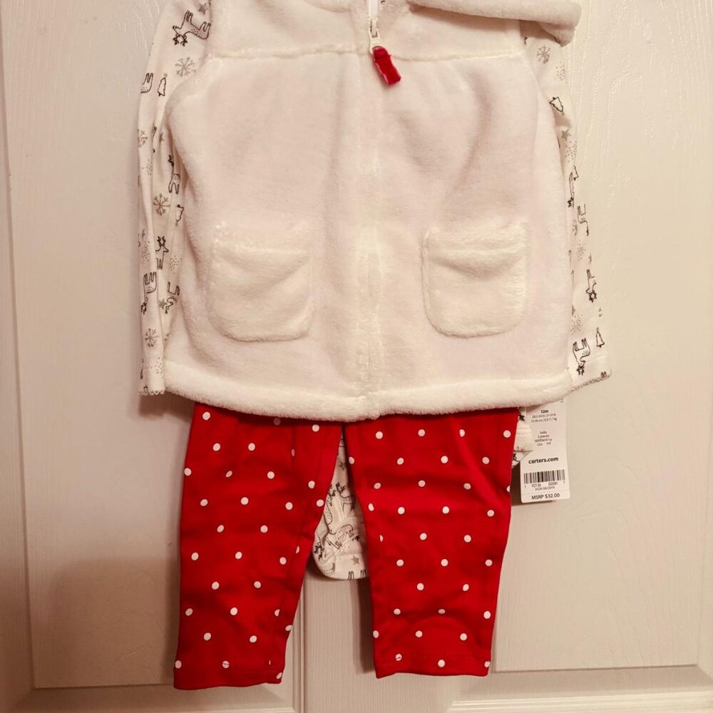 Carter’s Baby Girl 3-Piece Fleece Vest Outfit Red Polka Dot 12M - Picture 2 of 8